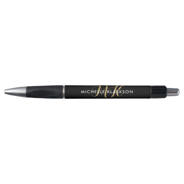Stylo Or noir monogramme personnalisé initial nom écritu (Devant)
