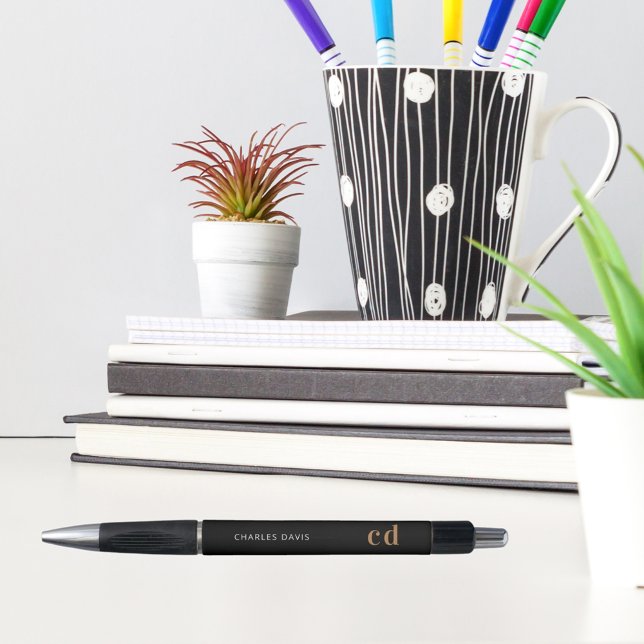 Stylo Or noir personnalisation monogramme nom minimalist (Créateur téléchargé)