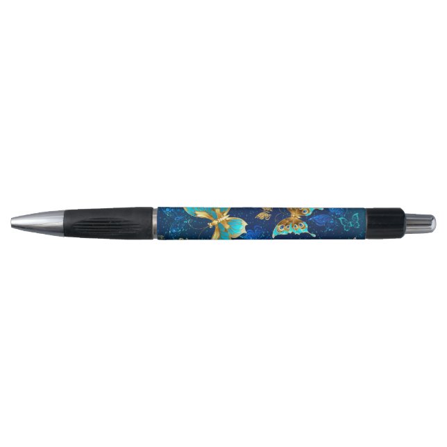 Stylo Papillons dorés sur fond bleu (Devant)
