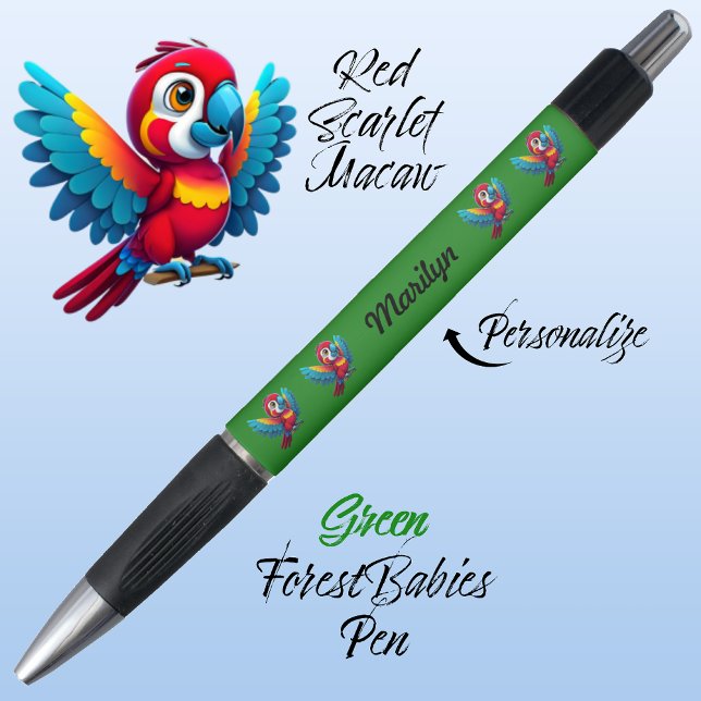 Stylo Parrot de Macaw, Oiseau tropical Safari animal 🦜  (Cute Whimsical Tropical Macaw Parrot Bird Cartoon Graphic, Green Customizable ForestBabies Pen 🐦🌴)