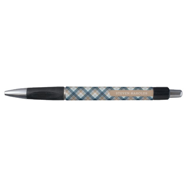 Stylo Personnalisé Beige Brown Bleu Blanc Plaid Motif (Devant)