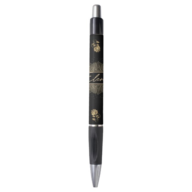 Stylo Pluma con flores doradas  personalizada con nombre (Devant (Vertical))