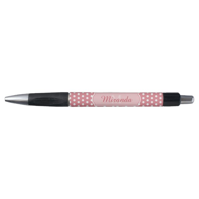Stylo Pois rose mignon avec le monogramme et le nom (Devant)