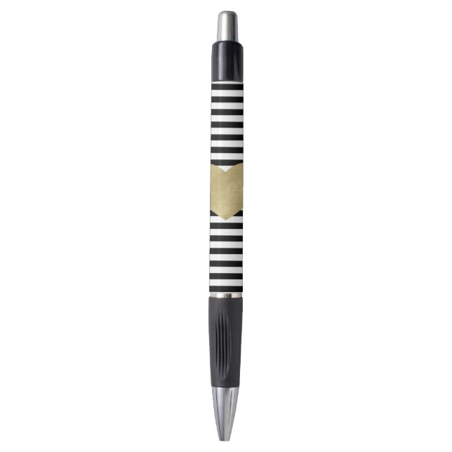 Stylo Rayures noires et blanches avec le coeur d'or (Devant (Vertical))