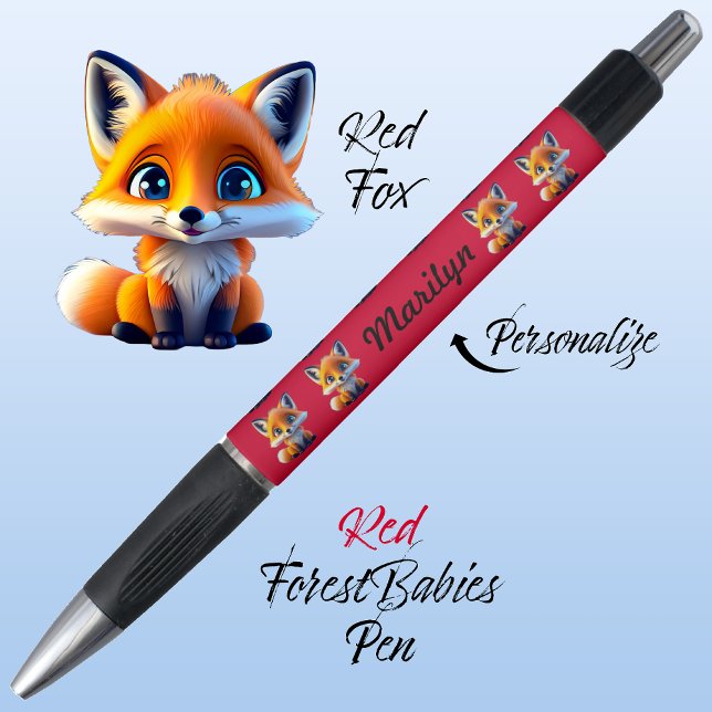 Stylo Red Fox, Unique Kids School Stationery Vibrant Rou (Cute Whimsical Red Fox Cartoon Graphic, red Personalizable ForestBabies Pen 🦊)