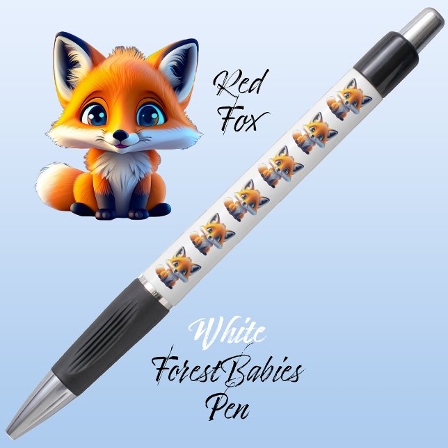 Stylo Renard rouge, Forêt Whimsical Unique Cute Blanc an (Cute Whimsical Red Fox Cartoon Graphic, white ForestBabies Pen 🦊)