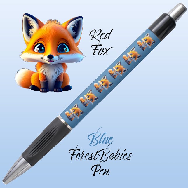 Stylo Renard rouge, Forêt Whimsical Unique Cute Bleu ani (Cute Whimsical Red Fox Cartoon Graphic, blue ForestBabies Pen 🦊)