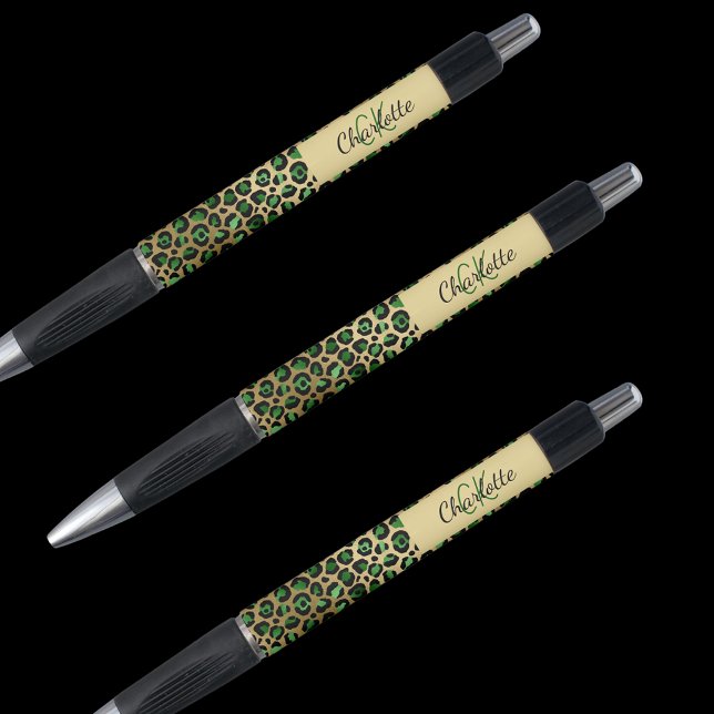 Stylo Signature de nom de monogramme vert or léopard (Créateur téléchargé)
