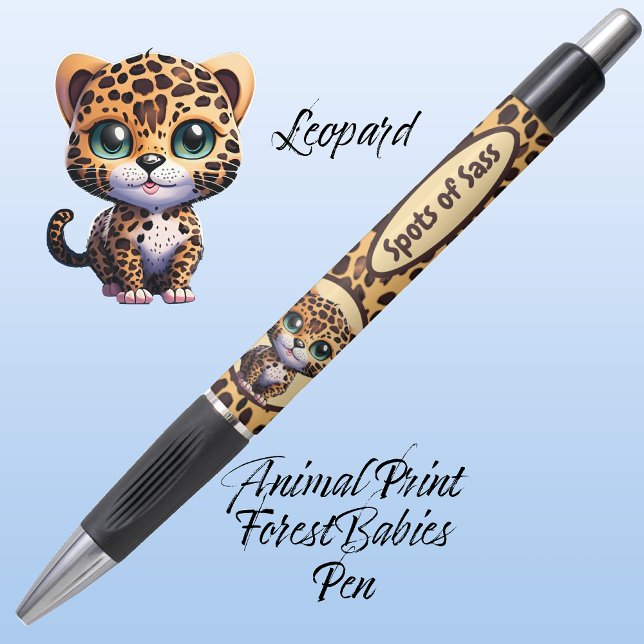 Stylo Spots de Sass, Poster de animal de Safari Leopard  ("Spots of Sass" Leopard Kitty Cat Customizable ForestBabies Feline Kitten Animal Print Pen 🐆)