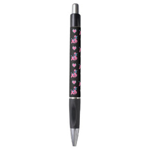 Stylo Teckels roses et bleus et coeurs sur fond noir