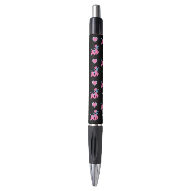 Stylo Teckels roses et bleus et coeurs sur fond noir (Devant (Vertical))