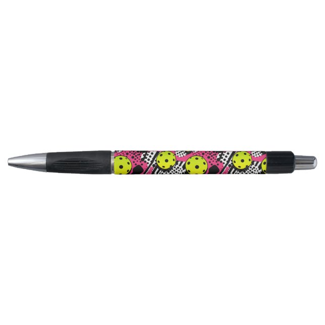 Stylo Texte personnalisé boules de pickleball jaune rose (Devant)