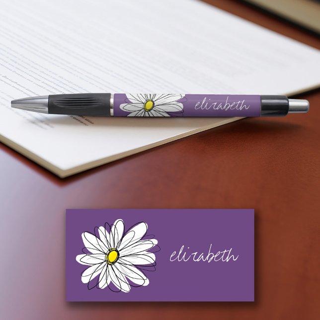 Stylo Texte personnalisé marguerite mauve et jaune (Personalized writing pens - add your name or other text)