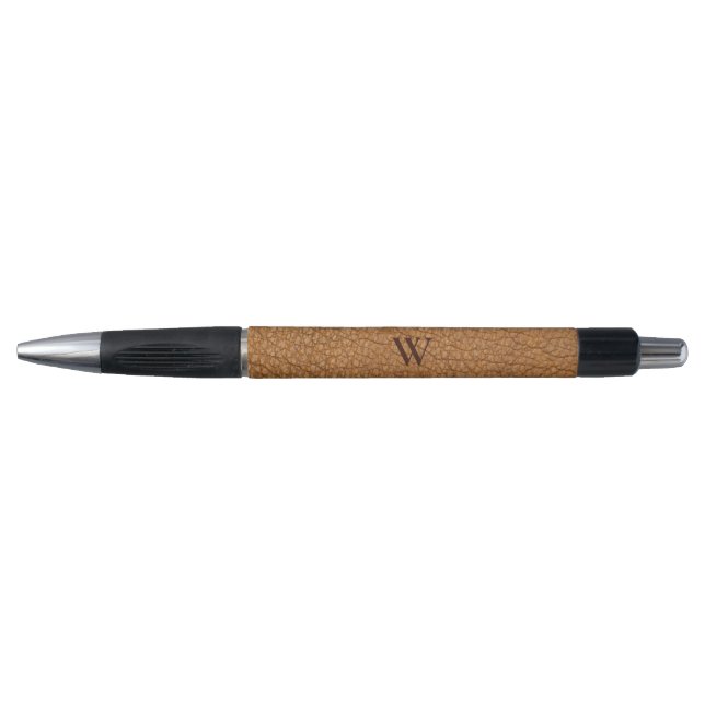 Stylo Texture de cuir marron avec nom monogrammé (Devant)