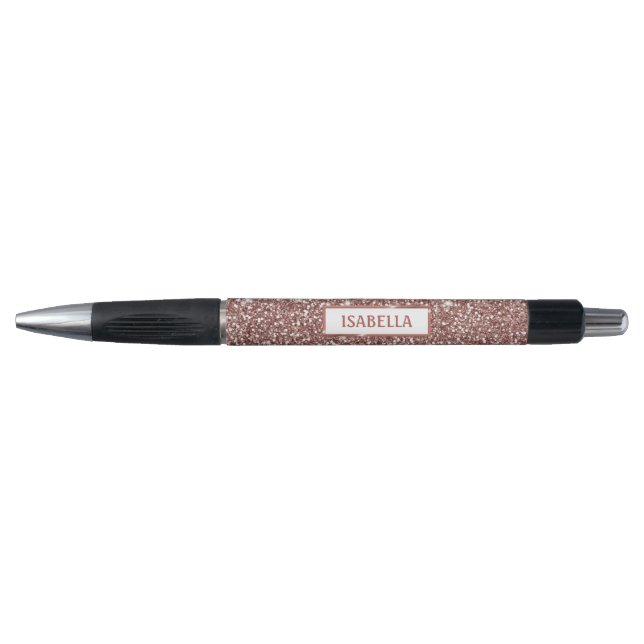Stylo Texture de paillettes en faux or rose et nom perso (Devant)