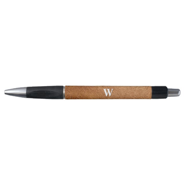 Stylo Texture élégante en cuir marron avec nom monogramm (Devant)