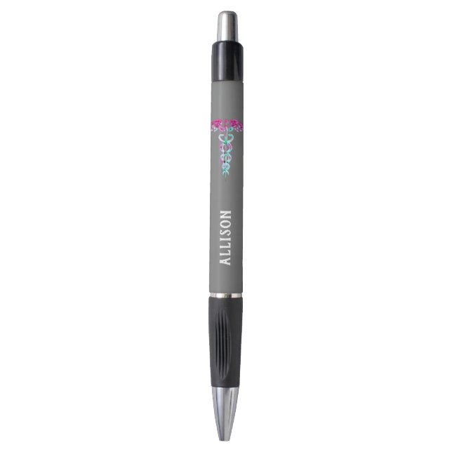 Stylo Turquoise de rose du caducée de l'infirmière (Devant (Vertical))
