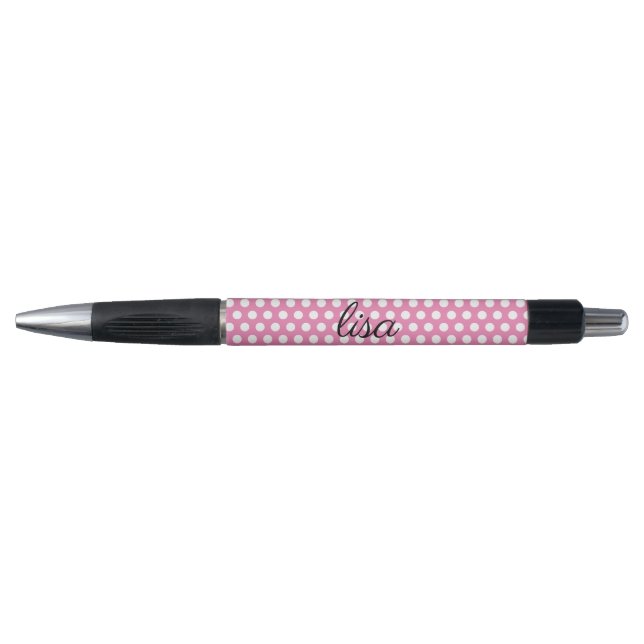 Stylo votre nom en rose et blanc points motif tendance (Devant)