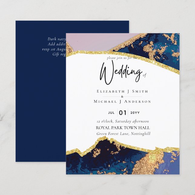 Sublime Blue Gold Agate Mariage Invitations (Devant / Derrière)