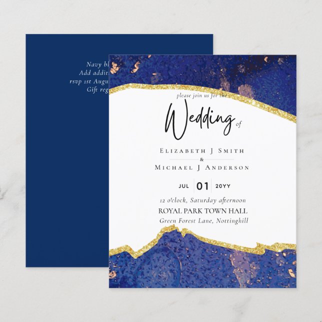 Sublime Blue Gold Agate Mariage Invitations (Devant / Derrière)