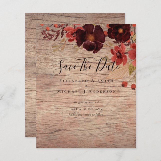 Sublime Bourgogne Floral Mariage SAVE DATES Budget (Devant / Derrière)