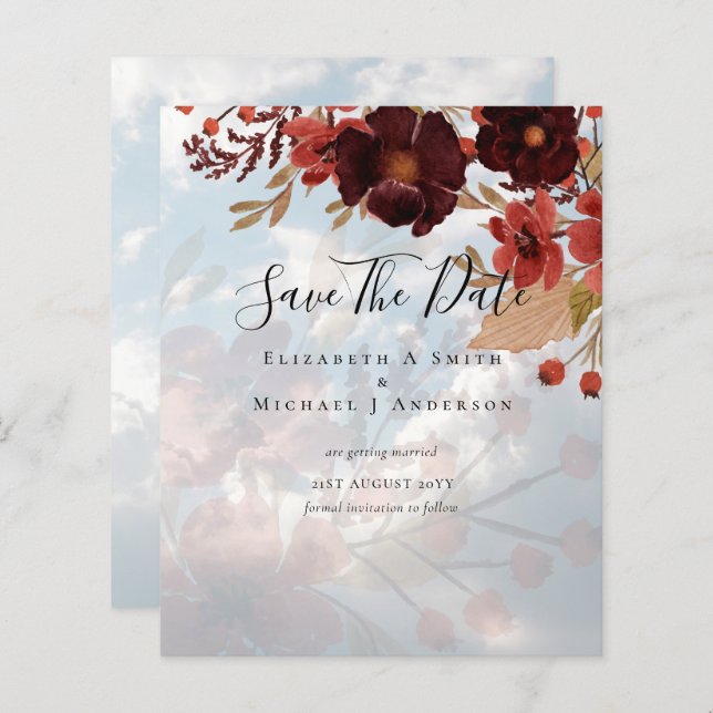 Sublime Bourgogne Floral Mariage SAVE DATES Budget (Devant / Derrière)