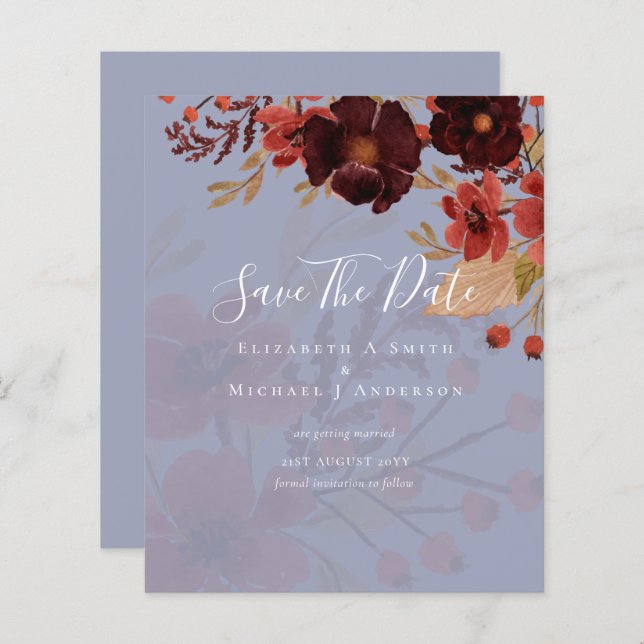 Sublime Bourgogne Floral Mariage SAVE DATES Budget (Devant / Derrière)