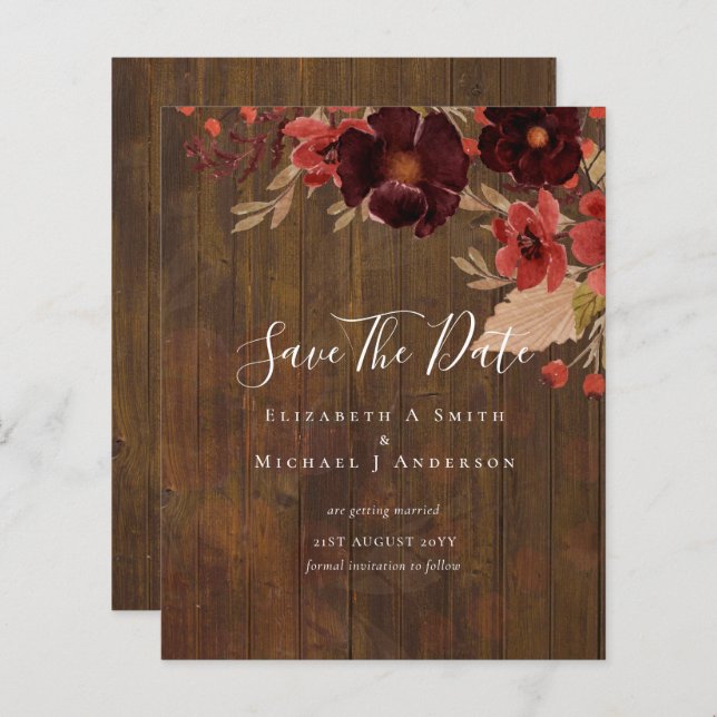 Sublime Bourgogne Floral Mariage SAVE DATES Budget (Devant / Derrière)