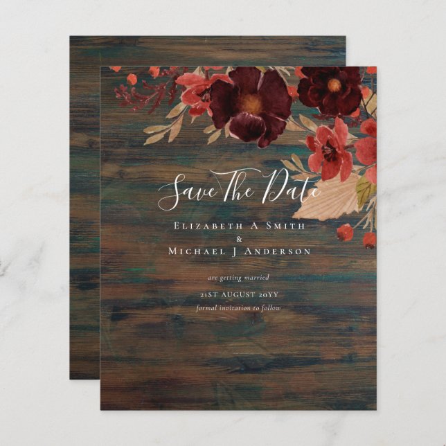 Sublime Bourgogne Floral Mariage SAVE DATES Budget (Devant / Derrière)
