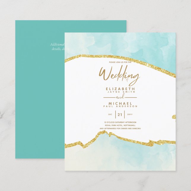 Sublime Ocean Aqua Blue Gold Wedding Invitations (Devant / Derrière)