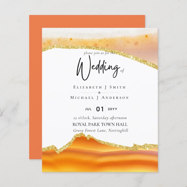 Sublime Orange Gold Agate Wedding INVITE BUDGET (Devant / Derrière)