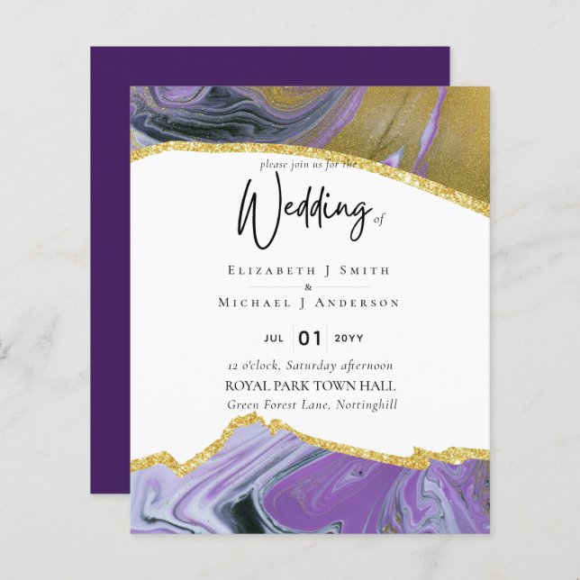 Sublime Purple Or Agate Mariage INVITE BUDGET (Devant / Derrière)