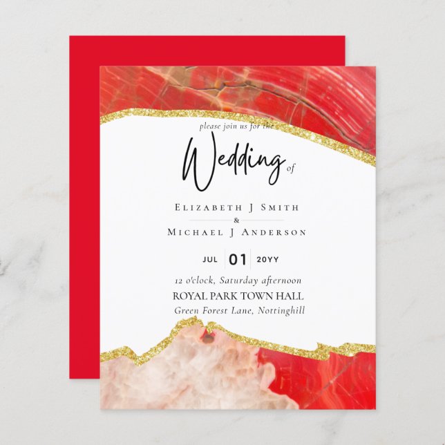 Sublime Red Gold Agate Mariage INVITE BUDGET (Devant / Derrière)