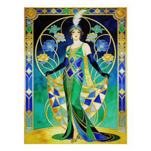 Sublime sirène Art Déco en bleu et vert sur une af
