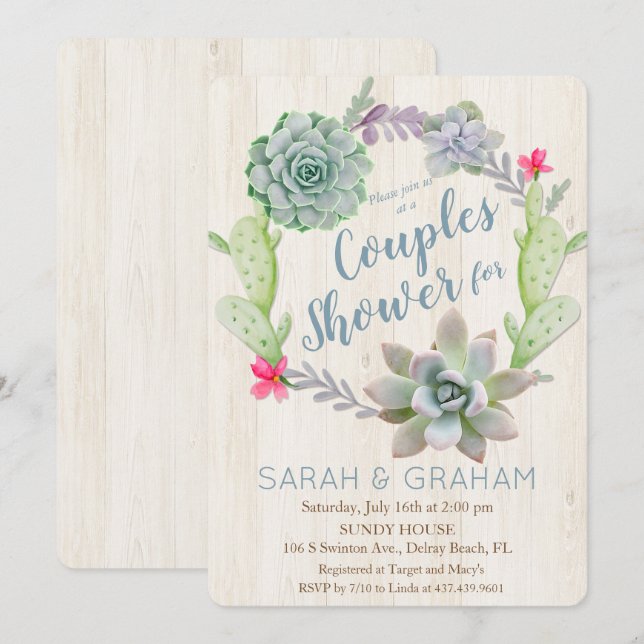 Succulent Cactus Wreath Couples Shower Invitation (Devant / Derrière)