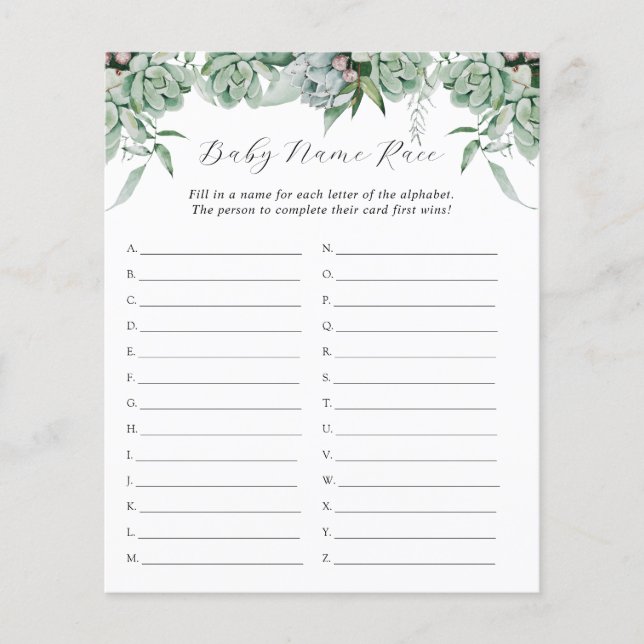 Succulent et Eucalyptus Vert Nom du bébé Course (Devant)