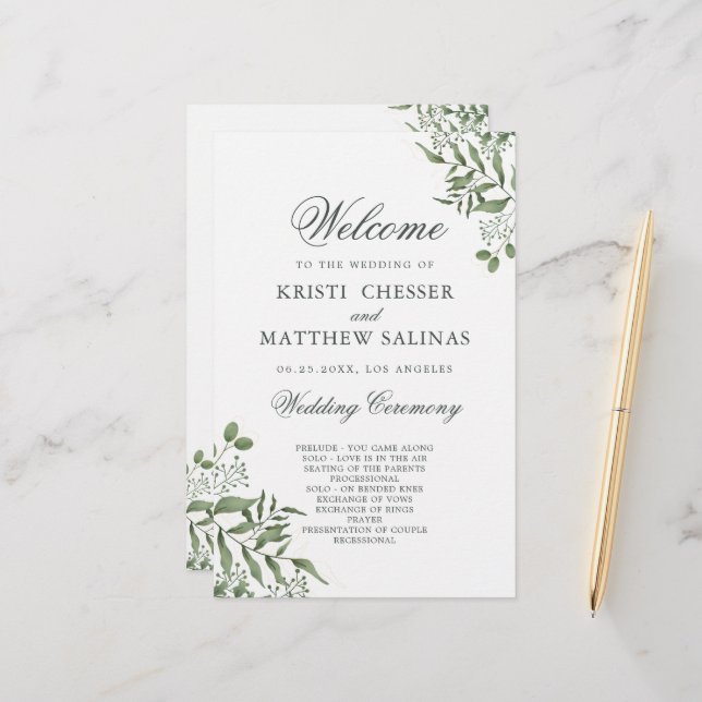 Succulent Eucalyptus Feuilles programme de mariage (Devant/Arrière en situation)