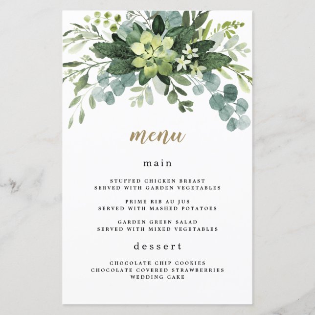 Succulent Eucalyptus Greenery Carte Mariage Menu (Devant)