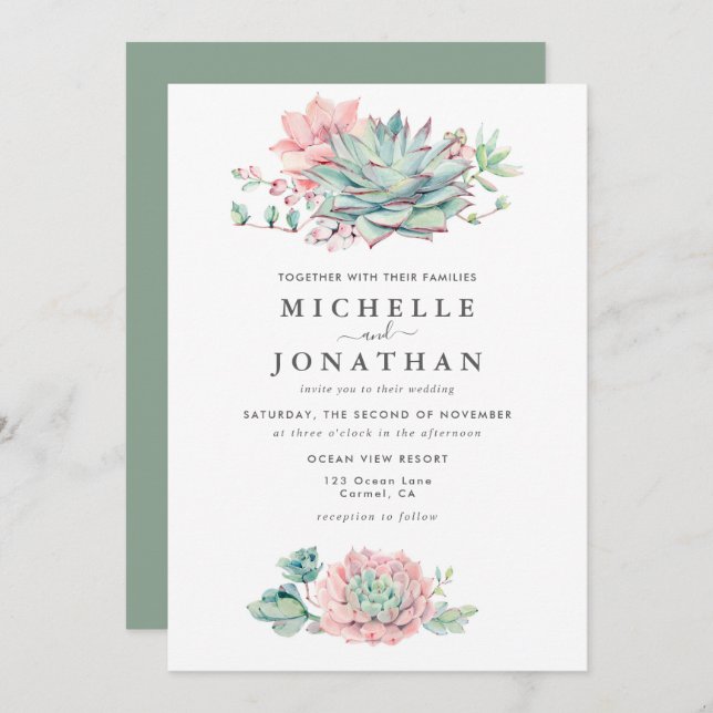 Succulent Faire-part de mariage rose vert doux (Devant / Derrière)