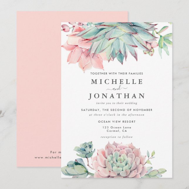 Succulent Faire-part de mariage rose vert doux (Devant / Derrière)