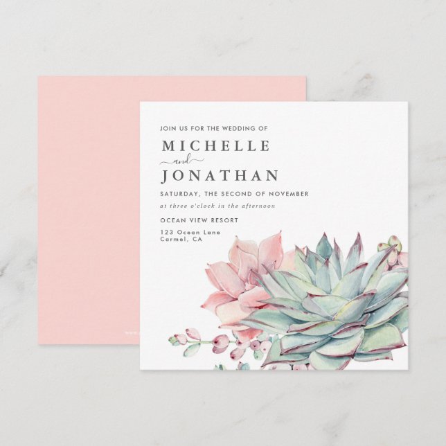 Succulents doux Faire-part de mariage rose vert (Devant / Derrière)