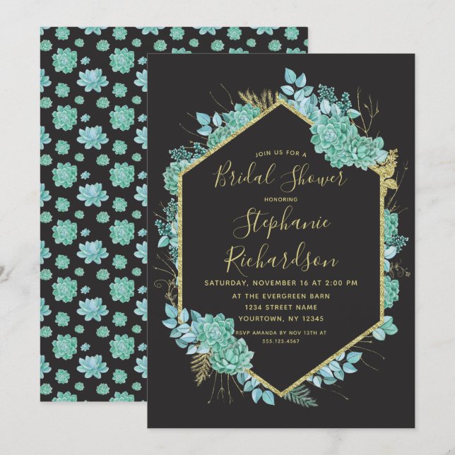 Succulents Gold Frame Bridal Shower Invitation (Devant / Derrière)