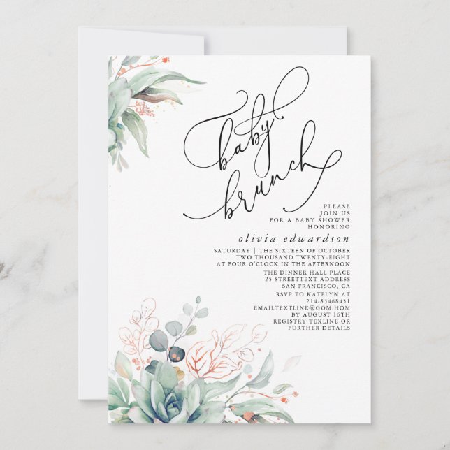 Succulents verdure Brunch Baby shower Invitation (Devant)