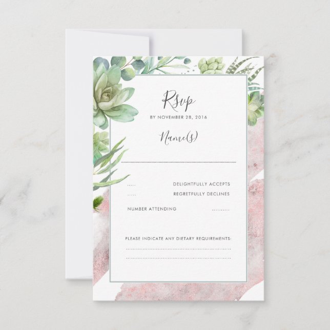 Succulents Verdure Rose Or Mariage moderne RSVP (Devant)