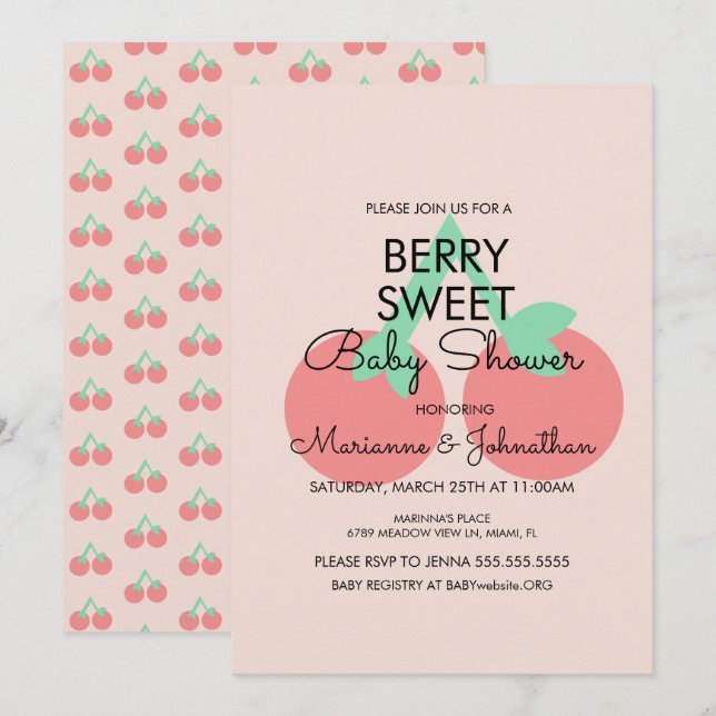 Sucre Cerises Fruit Rose Baby shower Invitation (Devant / Derrière)
