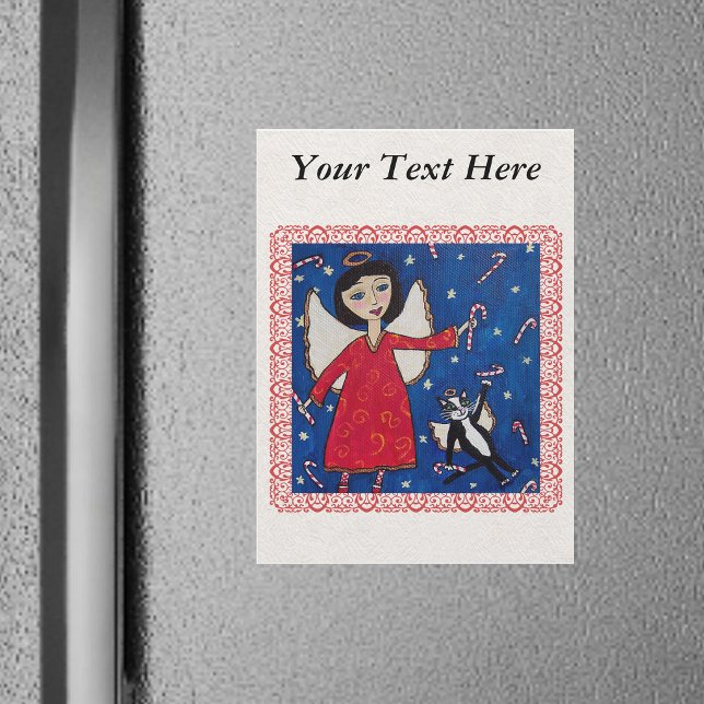 Sucre de canne Ange Chat Noël Folk Art (Chritmas Angel floating in sky with angel cat catching candy canes in red frame on fridge magnet.)