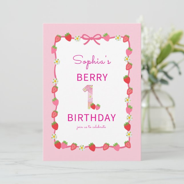 Sucre fraise 1er anniversaire Invitation (Debout devant)
