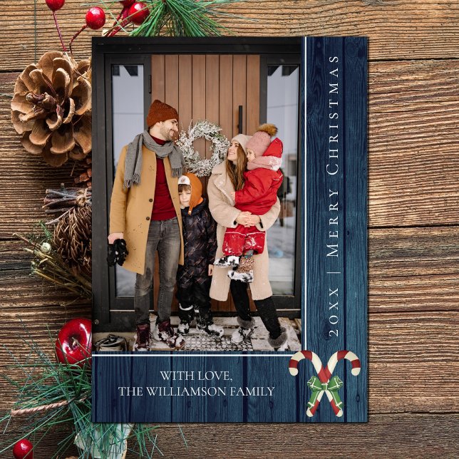 Sucres de canne rustiques Noël | Carte photo bleu (Blue Rustic Candy Canes Christmas Photo Card)