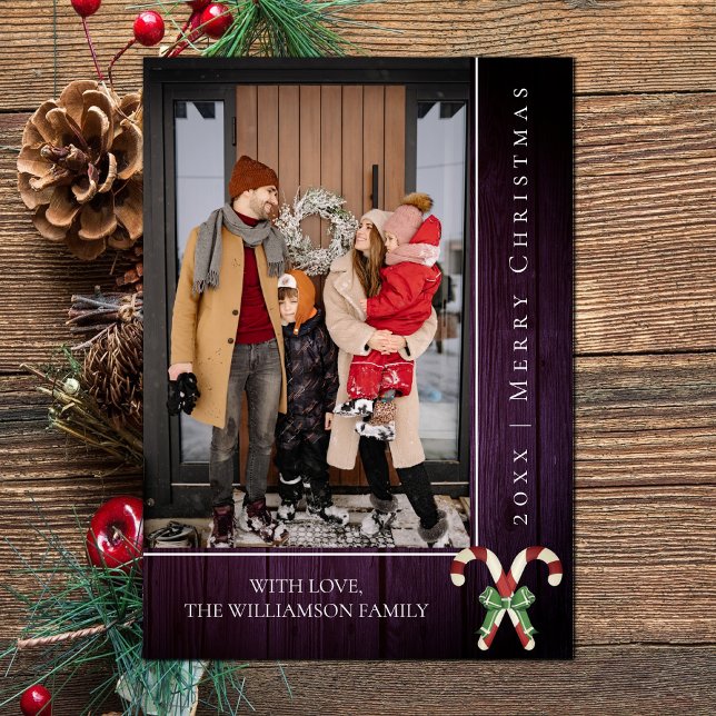 Sucres de canne rustiques Noël | Carte photo viole (Purple Rustic Candy Canes Christmas Photo Card)
