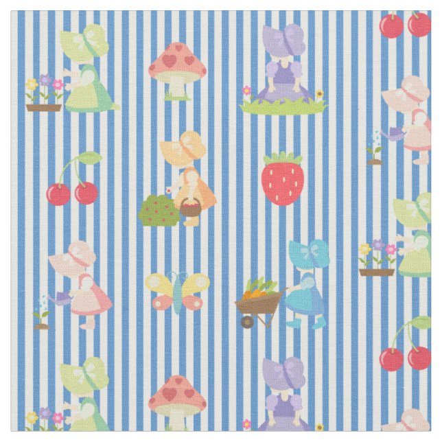 Sue Sunbonnet sur tissu rayé bleu/blanc pastel (Fermer)